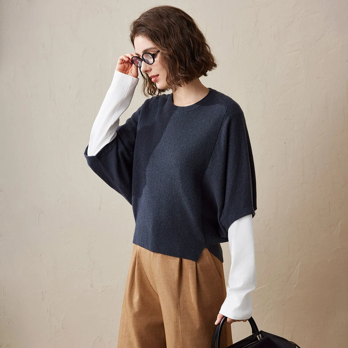 100% Cashmere Loose Batwing Sleeve Sweater