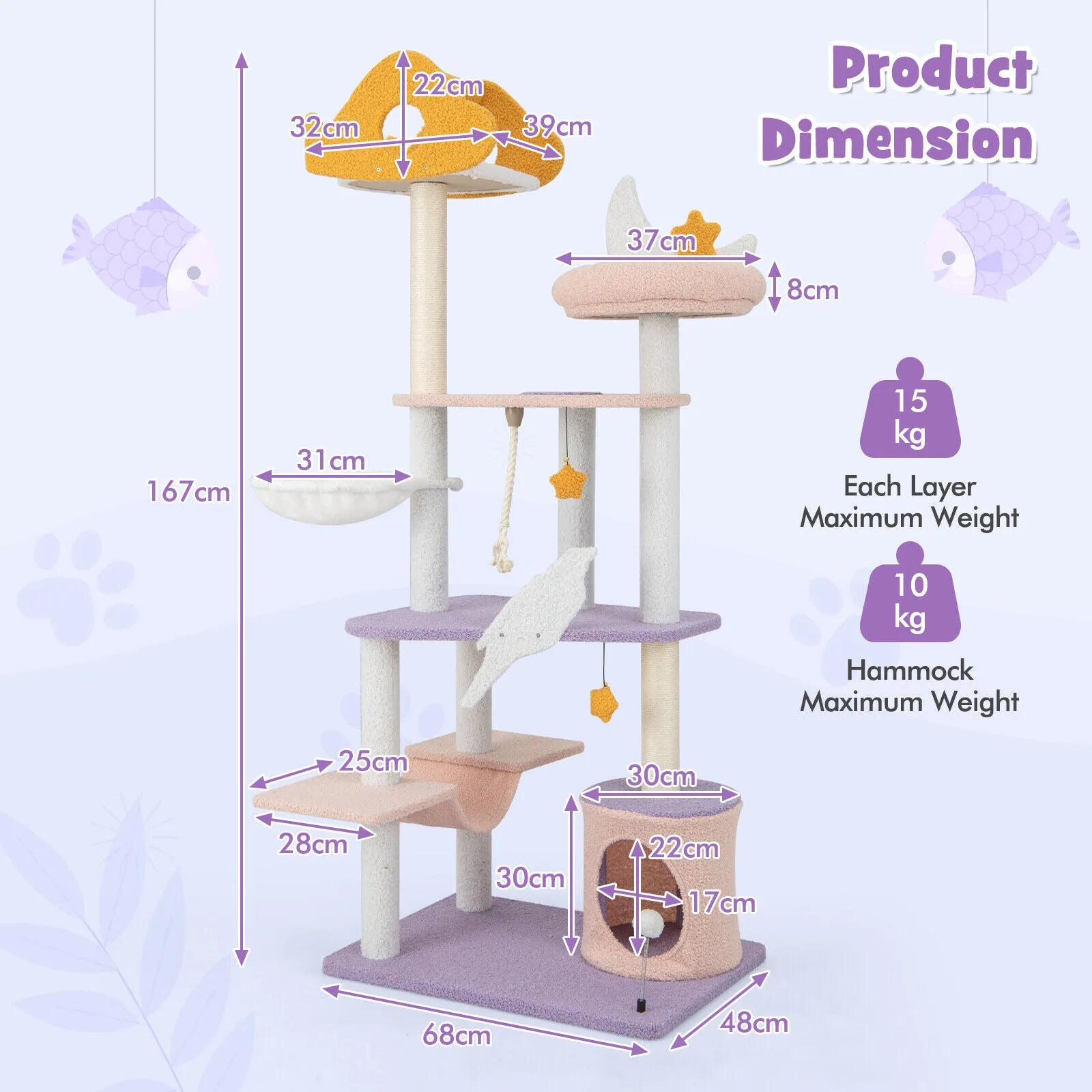 167cm Cat Tree/Tower Multi-level Cat  Sisal Covered Scratching Posts