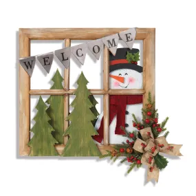 18-in L Wood and Metal Window with Snowman & Floral Accent