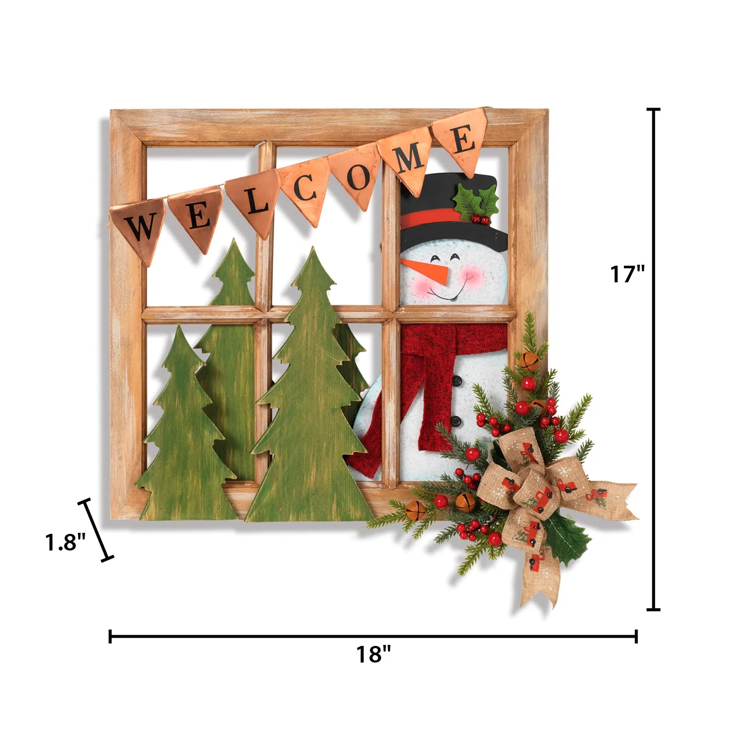 18-in L Wood and Metal Window with Snowman & Floral Accent