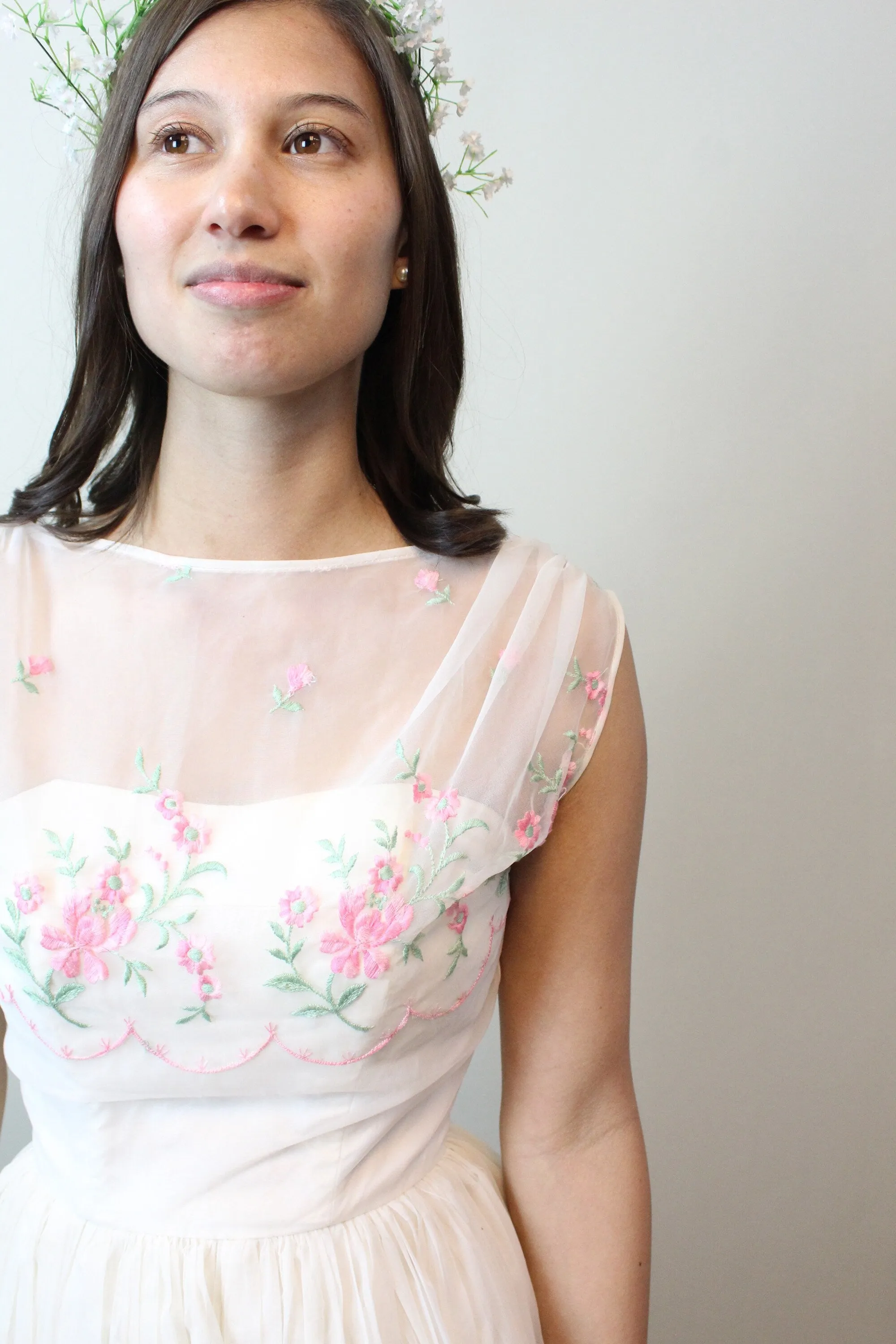 1950s ORGANZA PINK ROSE embroidered dress xxs  | new spring