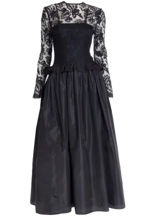 1980s Elizabeth Arden Richilene Black Lace & Taffeta Dress Vintage Evening Gown