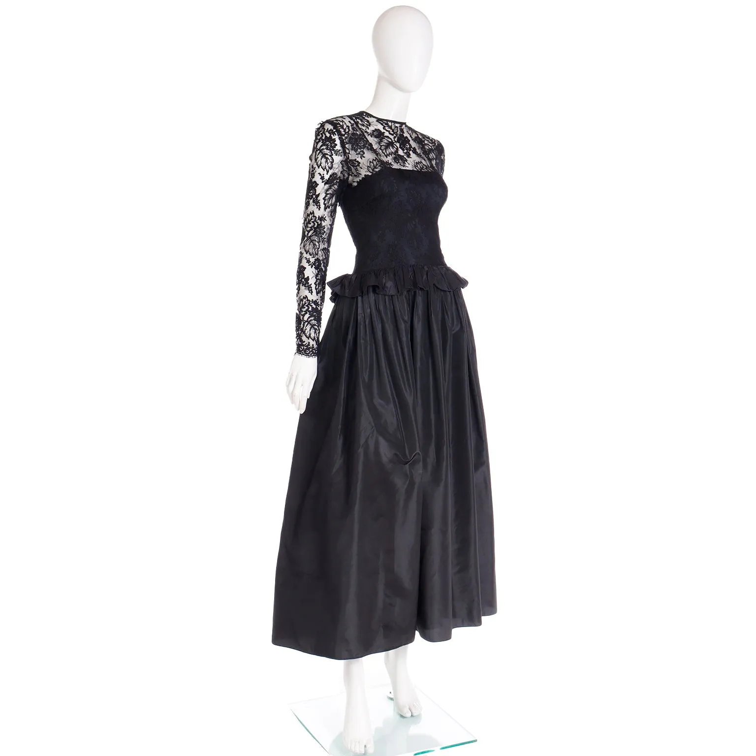 1980s Elizabeth Arden Richilene Black Lace & Taffeta Dress Vintage Evening Gown