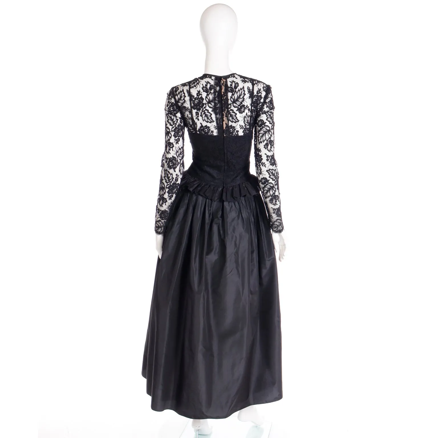 1980s Elizabeth Arden Richilene Black Lace & Taffeta Dress Vintage Evening Gown