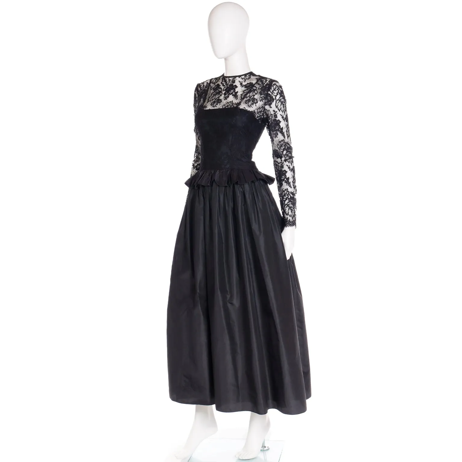 1980s Elizabeth Arden Richilene Black Lace & Taffeta Dress Vintage Evening Gown