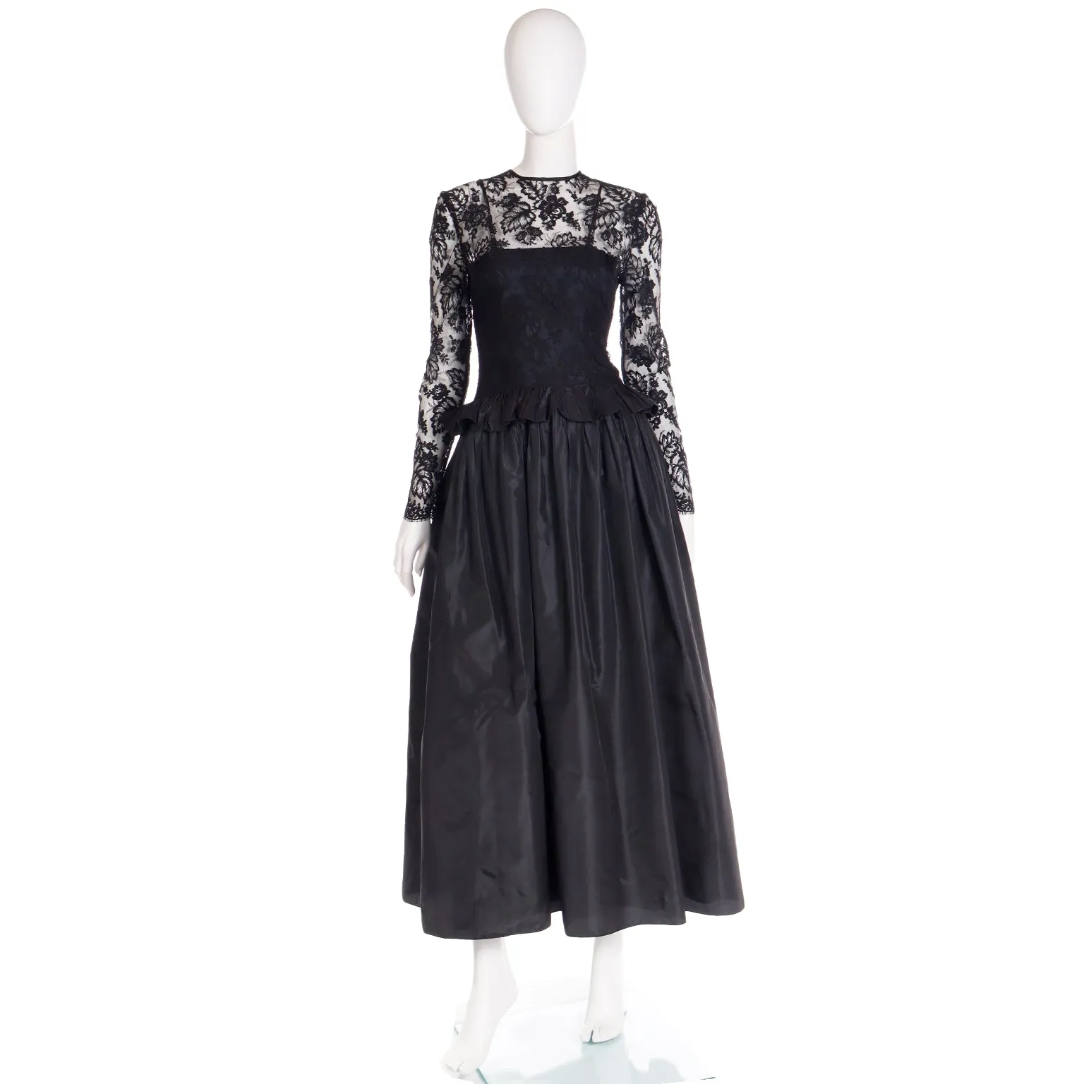 1980s Elizabeth Arden Richilene Black Lace & Taffeta Dress Vintage Evening Gown