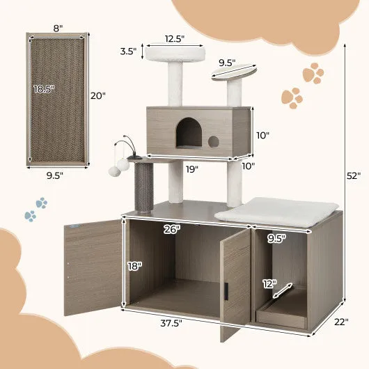 2-in-1 Modern Cat Tower with Litter Box Enclosure for Indoor Cars-Gray