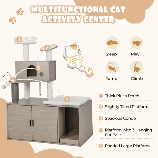 2-in-1 Modern Cat Tower with Litter Box Enclosure for Indoor Cars-Gray