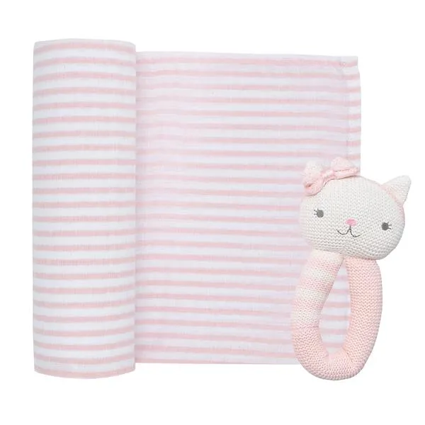 2 Piece Pink Daisy Cat Rattle & Blush Stripe Muslin Swaddle Gift Set & Bonus Emma Rattle