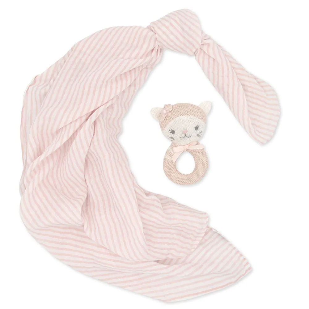 2 Piece Pink Daisy Cat Rattle & Blush Stripe Muslin Swaddle Gift Set & Bonus Emma Rattle