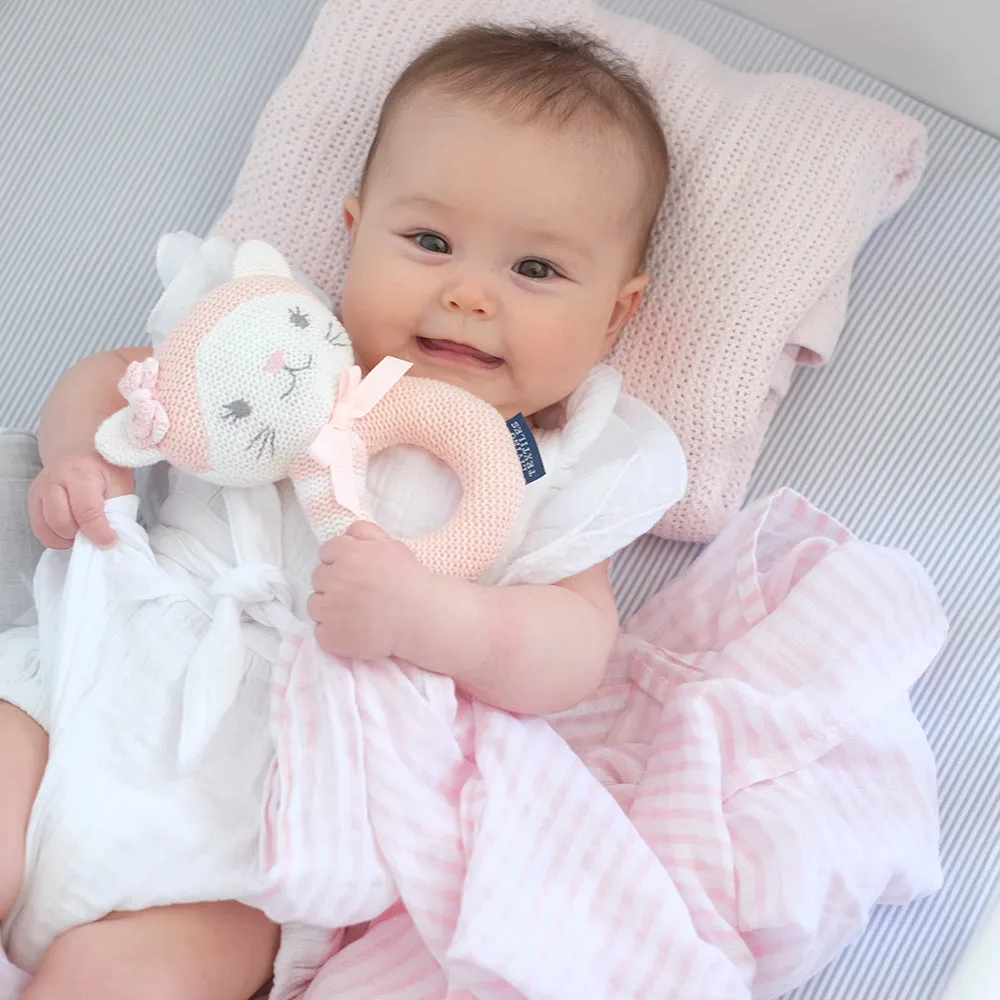 2 Piece Pink Daisy Cat Rattle & Blush Stripe Muslin Swaddle Gift Set & Bonus Emma Rattle