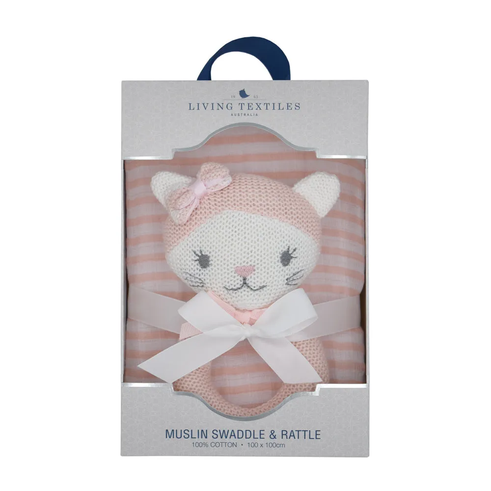 2 Piece Pink Daisy Cat Rattle & Blush Stripe Muslin Swaddle Gift Set & Bonus Emma Rattle