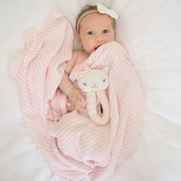 2 Piece Pink Daisy Cat Rattle & Blush Stripe Muslin Swaddle Gift Set & Bonus Emma Rattle