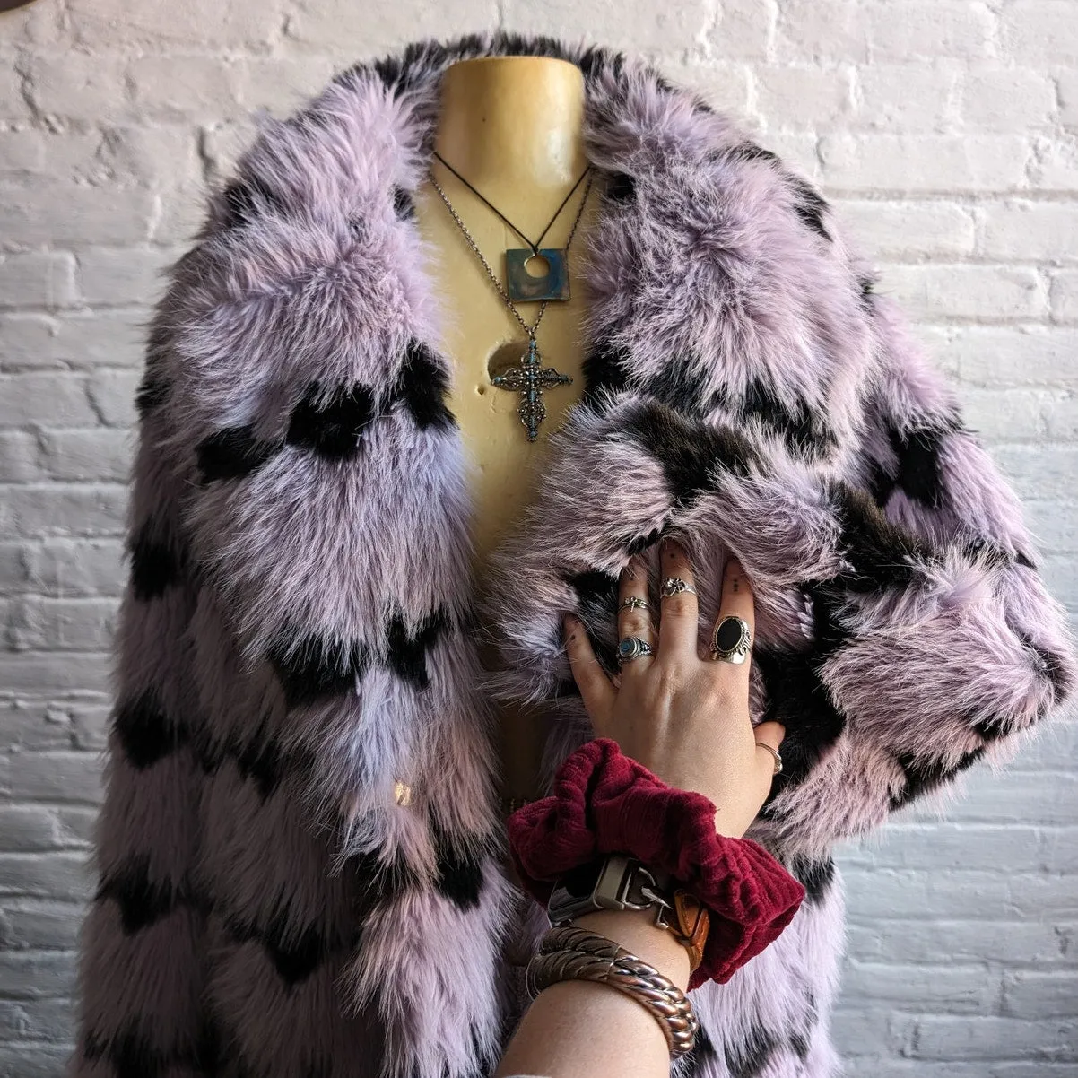 70s Style Retro Penny Lane Fringe Fur Trench Pastel Grunge Shaggy Furry Coat