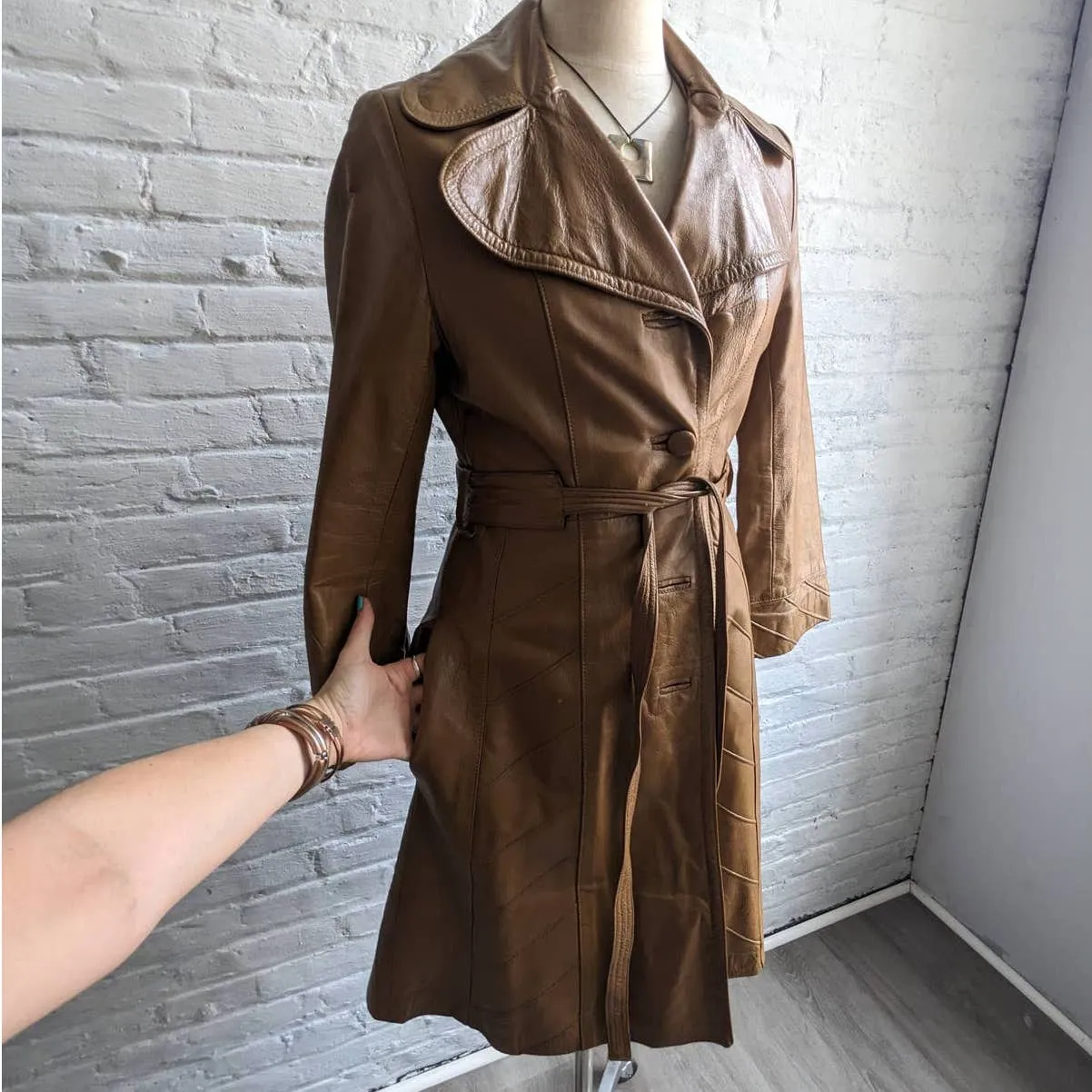 70s Vintage Groovy Tan Leather Belted Duster Chic Caramel Trench Coat Jacket