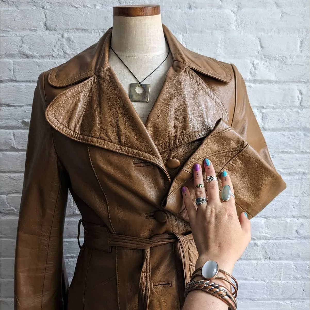 70s Vintage Groovy Tan Leather Belted Duster Chic Caramel Trench Coat Jacket