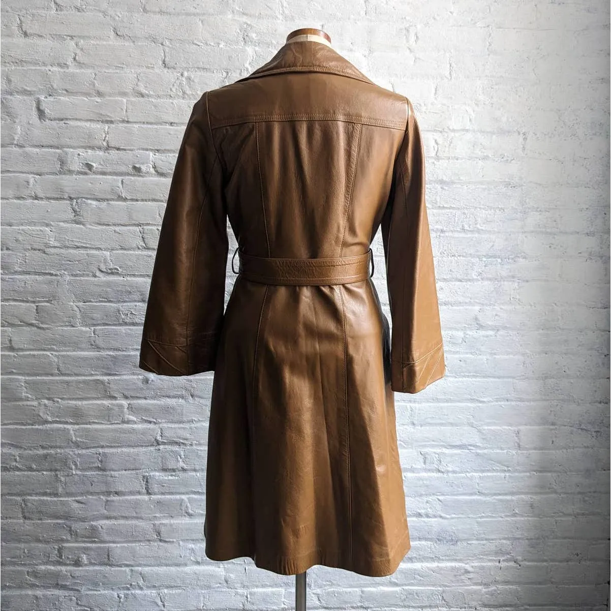 70s Vintage Groovy Tan Leather Belted Duster Chic Caramel Trench Coat Jacket