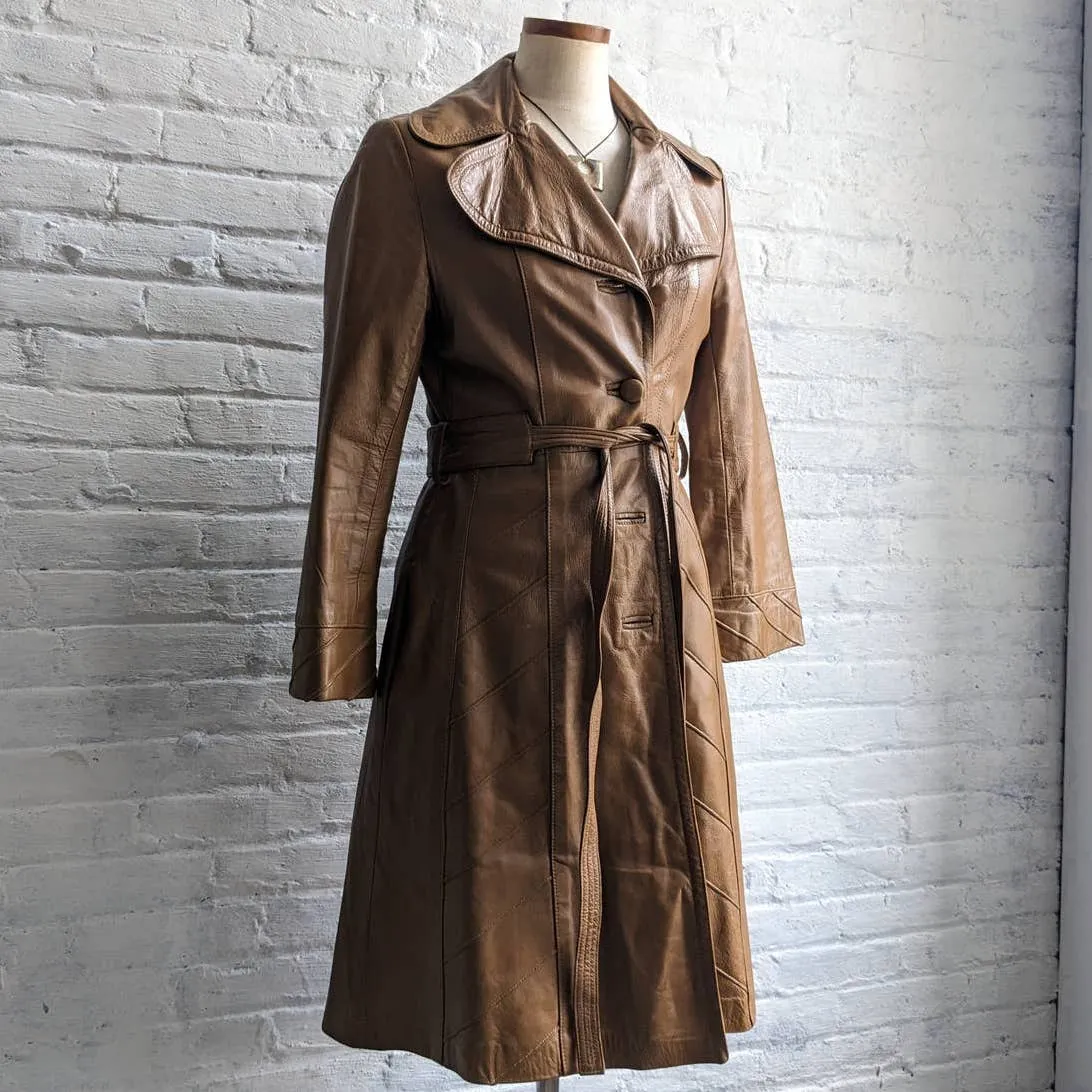 70s Vintage Groovy Tan Leather Belted Duster Chic Caramel Trench Coat Jacket