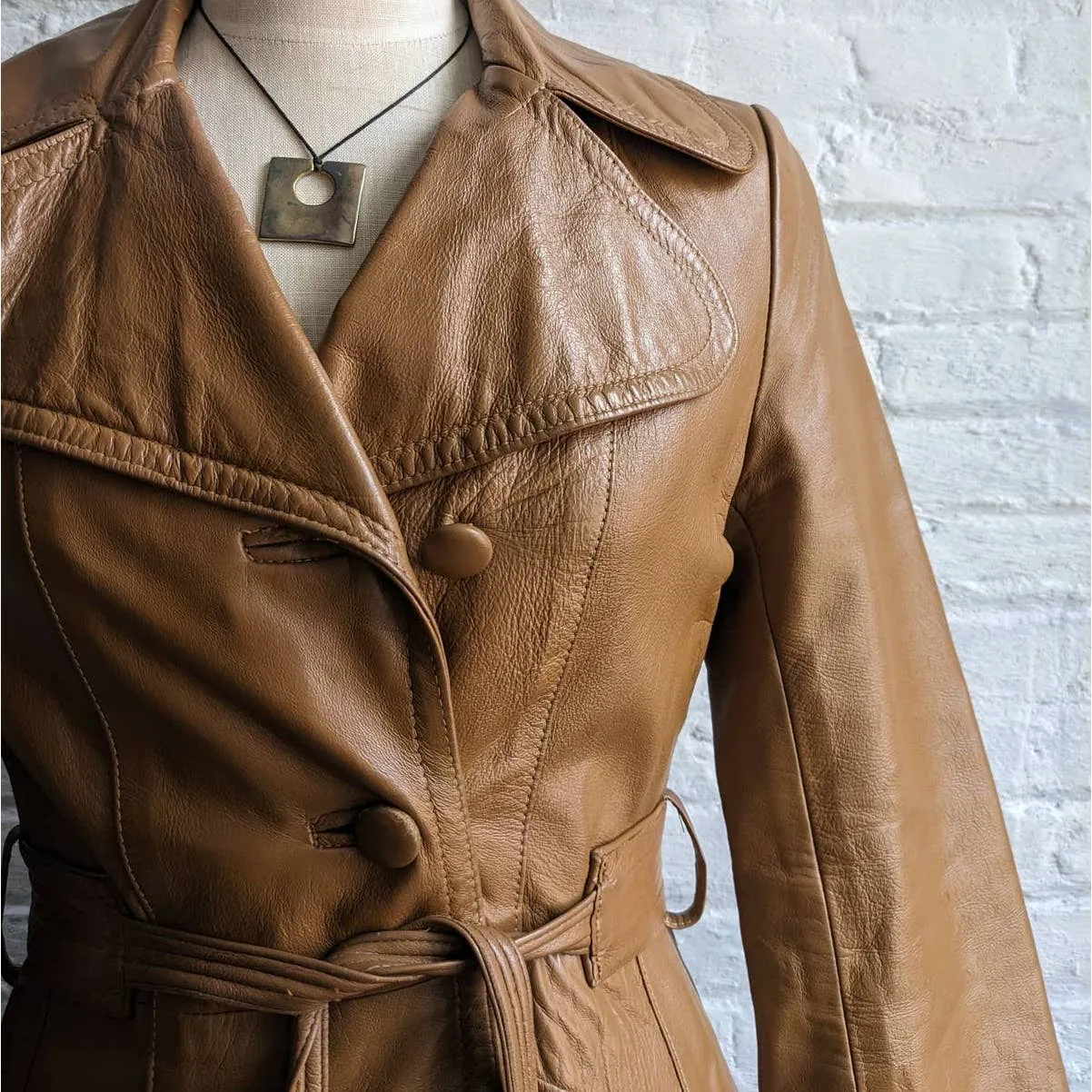 70s Vintage Groovy Tan Leather Belted Duster Chic Caramel Trench Coat Jacket