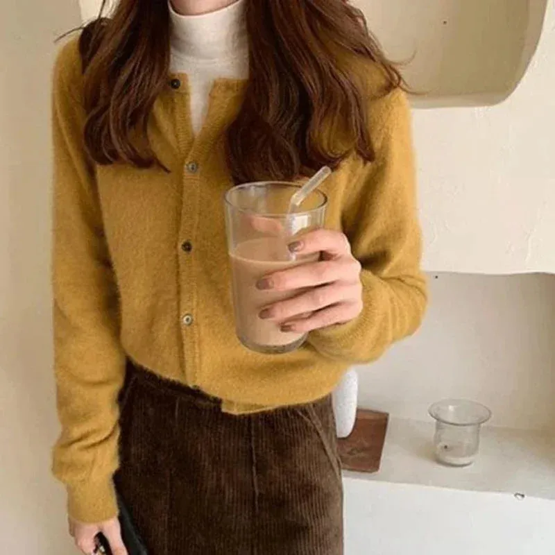 Aiertu Cold Weather Outfits Fall Solid Color Knitted Cardigan Women Korean Single Breasted Long Sleeve Jumper Woman Round Neck All Match Sweater Outwear Top