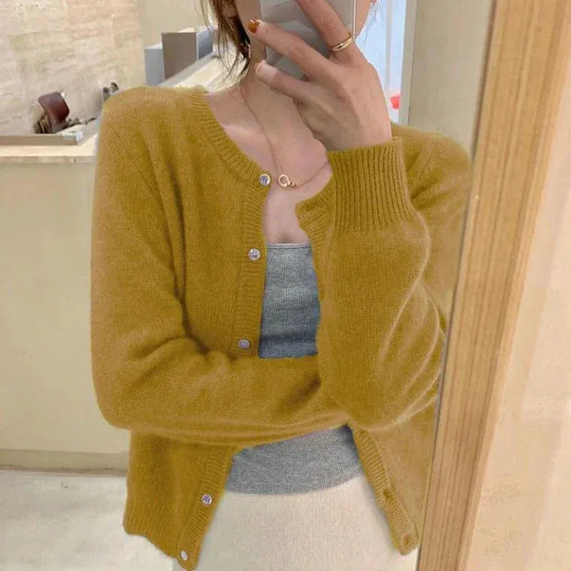 Aiertu Cold Weather Outfits Fall Solid Color Knitted Cardigan Women Korean Single Breasted Long Sleeve Jumper Woman Round Neck All Match Sweater Outwear Top