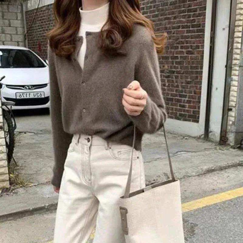 Aiertu Cold Weather Outfits Fall Solid Color Knitted Cardigan Women Korean Single Breasted Long Sleeve Jumper Woman Round Neck All Match Sweater Outwear Top