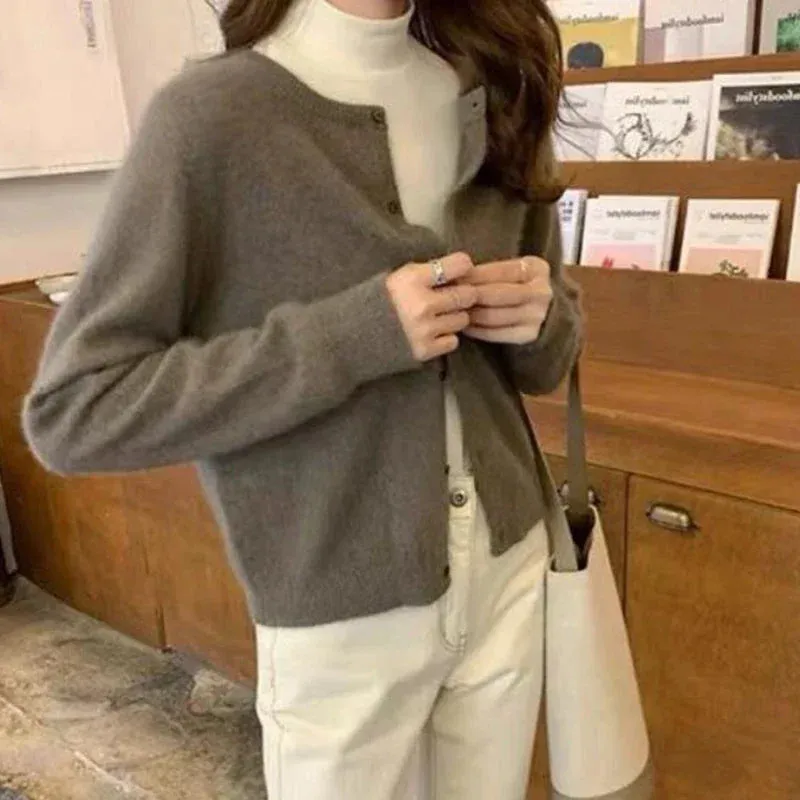 Aiertu Cold Weather Outfits Fall Solid Color Knitted Cardigan Women Korean Single Breasted Long Sleeve Jumper Woman Round Neck All Match Sweater Outwear Top