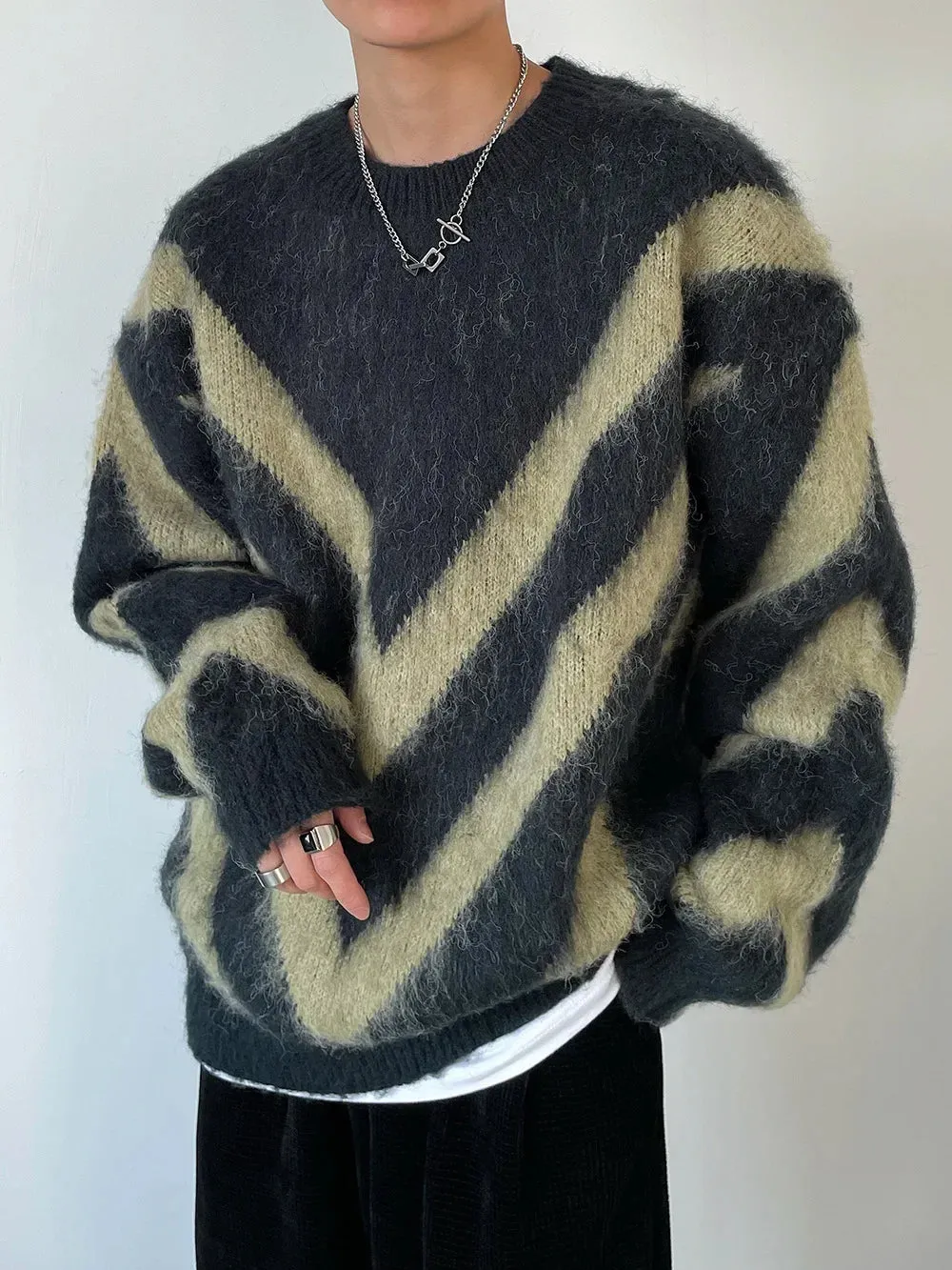 Amozae-Autumn/winter Trendy Korean Style Soft Supple High Class Elegant Vintage Striped Sweater Men's Loose Fit Round Neck Knitted Top