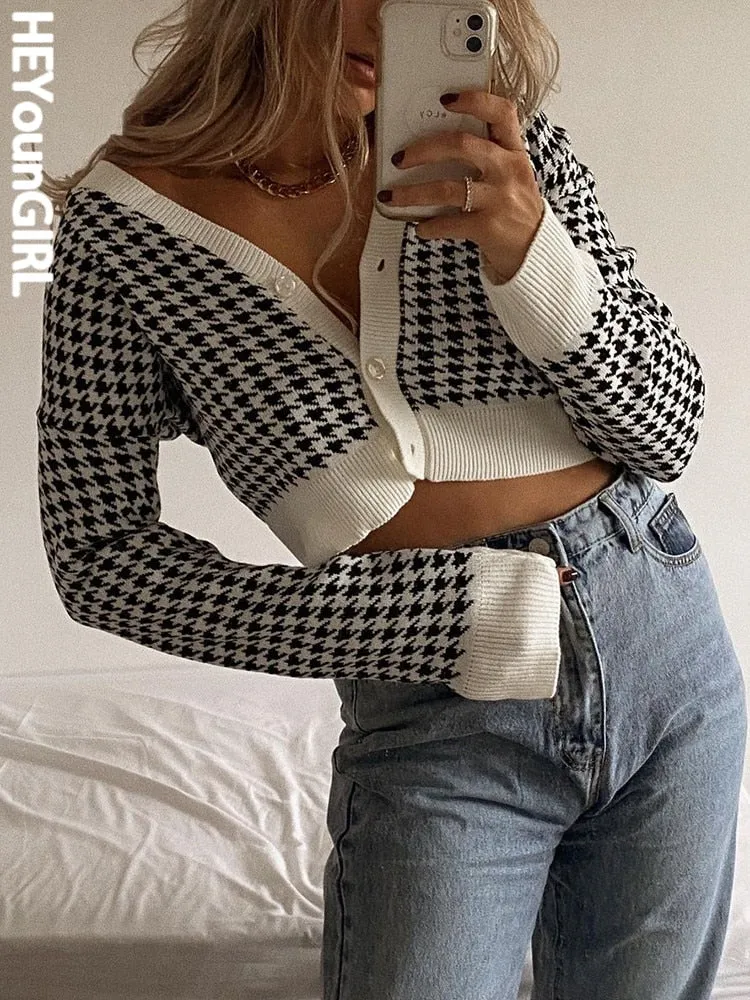 Amozae Houndstooth Print Vintage Crop Top Cardigan Women V Neck Elegant Chic Sweater Autumn Fashion Jumper Ladies Streetwear