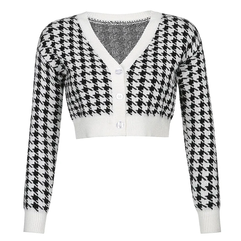 Amozae Houndstooth Print Vintage Crop Top Cardigan Women V Neck Elegant Chic Sweater Autumn Fashion Jumper Ladies Streetwear