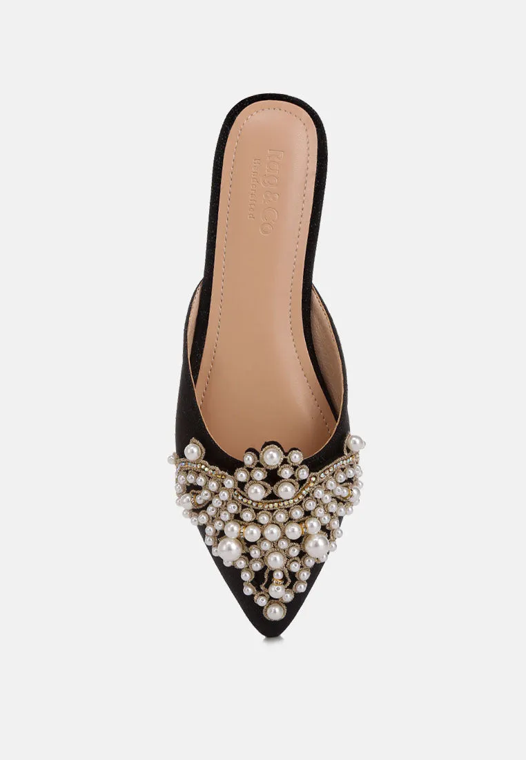 ASTRE Pearl Embellished Shimmer Mules In Black