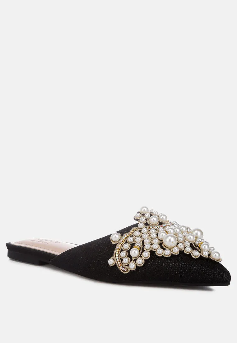 ASTRE Pearl Embellished Shimmer Mules In Black