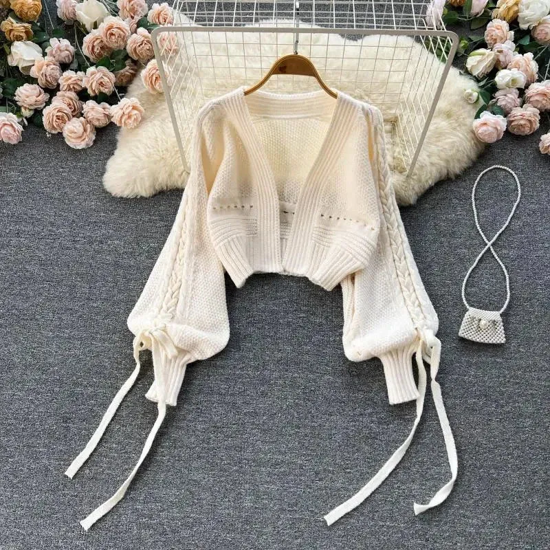 Autumn Solid Chic Knitted Crop Cardigans Sweet Winter Korean Elegant All Match Cardigan Fashion Lantern Sleeve Casual Sweaters