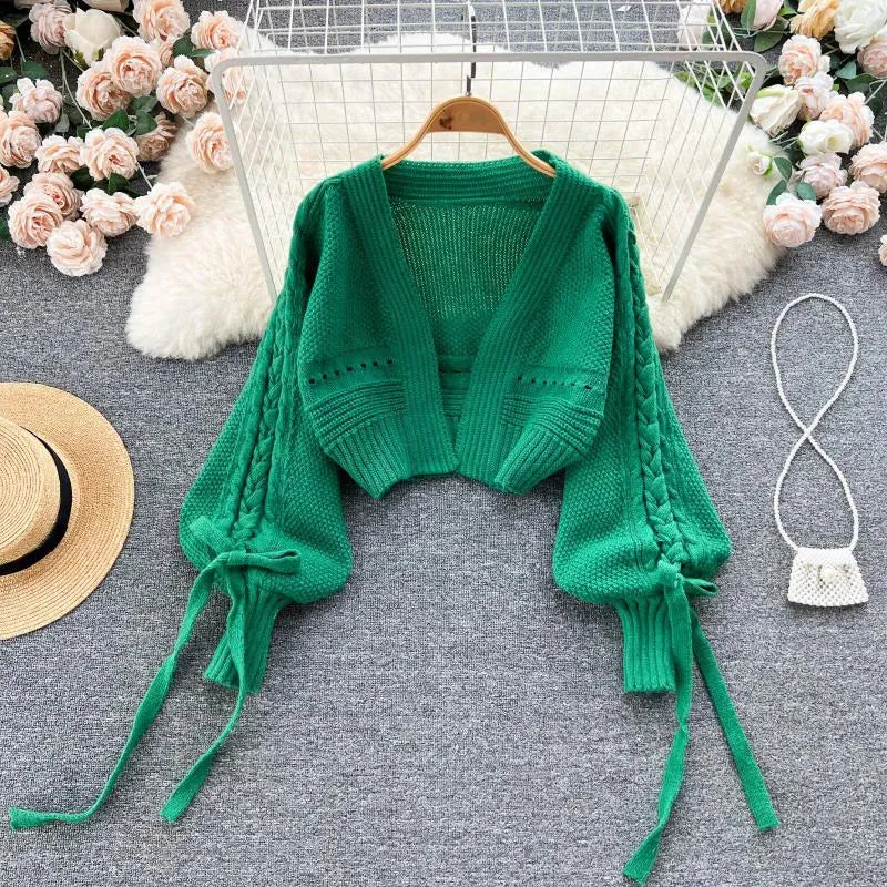 Autumn Solid Chic Knitted Crop Cardigans Sweet Winter Korean Elegant All Match Cardigan Fashion Lantern Sleeve Casual Sweaters