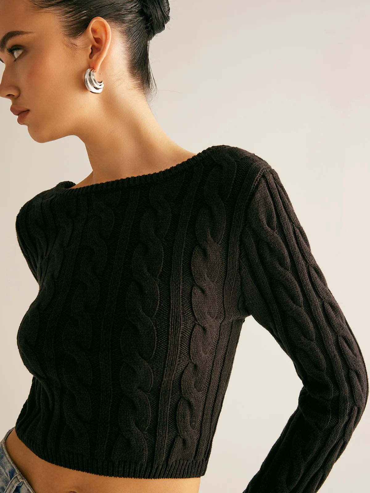 Backless Bow Crop Cable Sweater