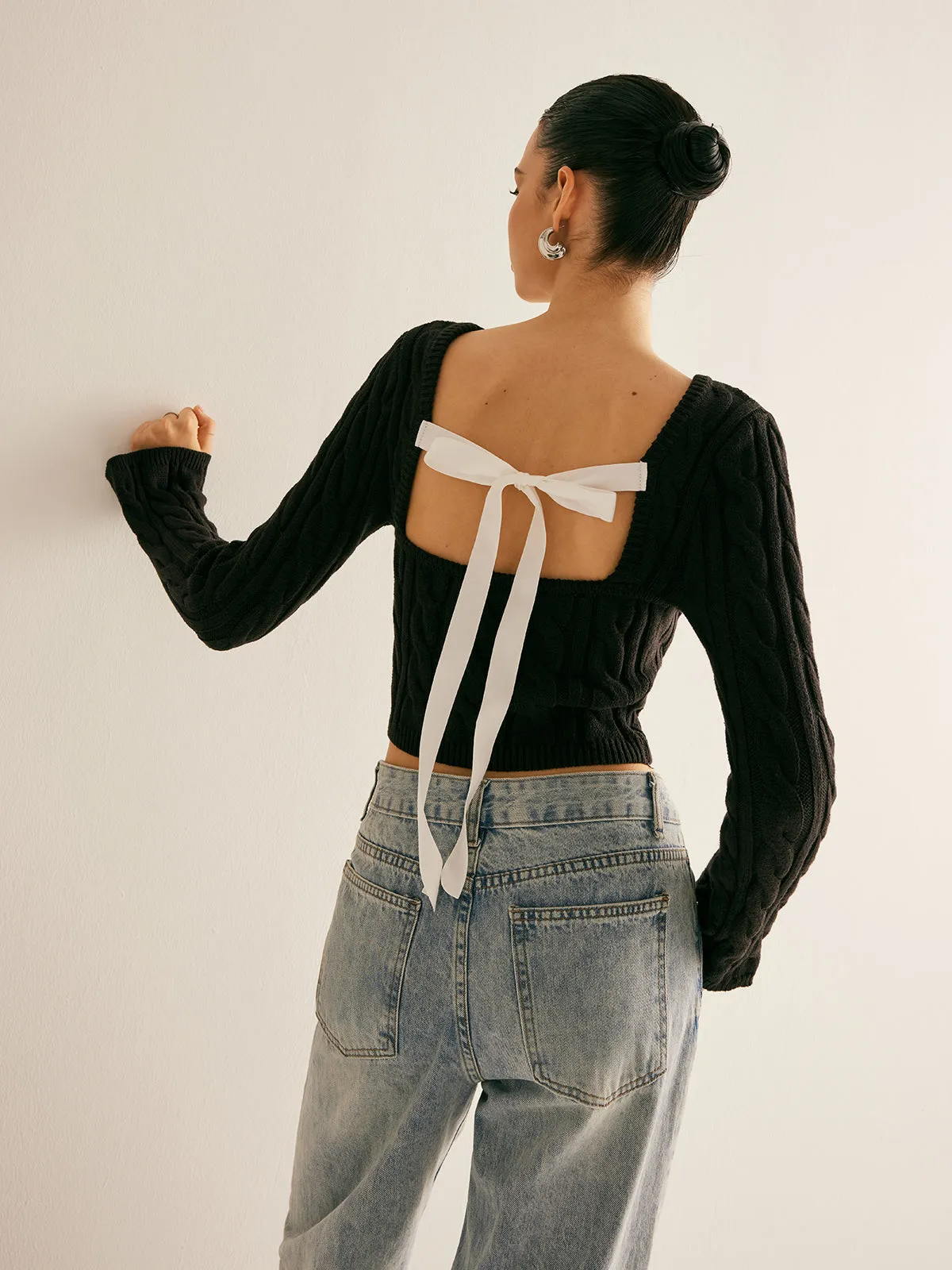 Backless Bow Crop Cable Sweater