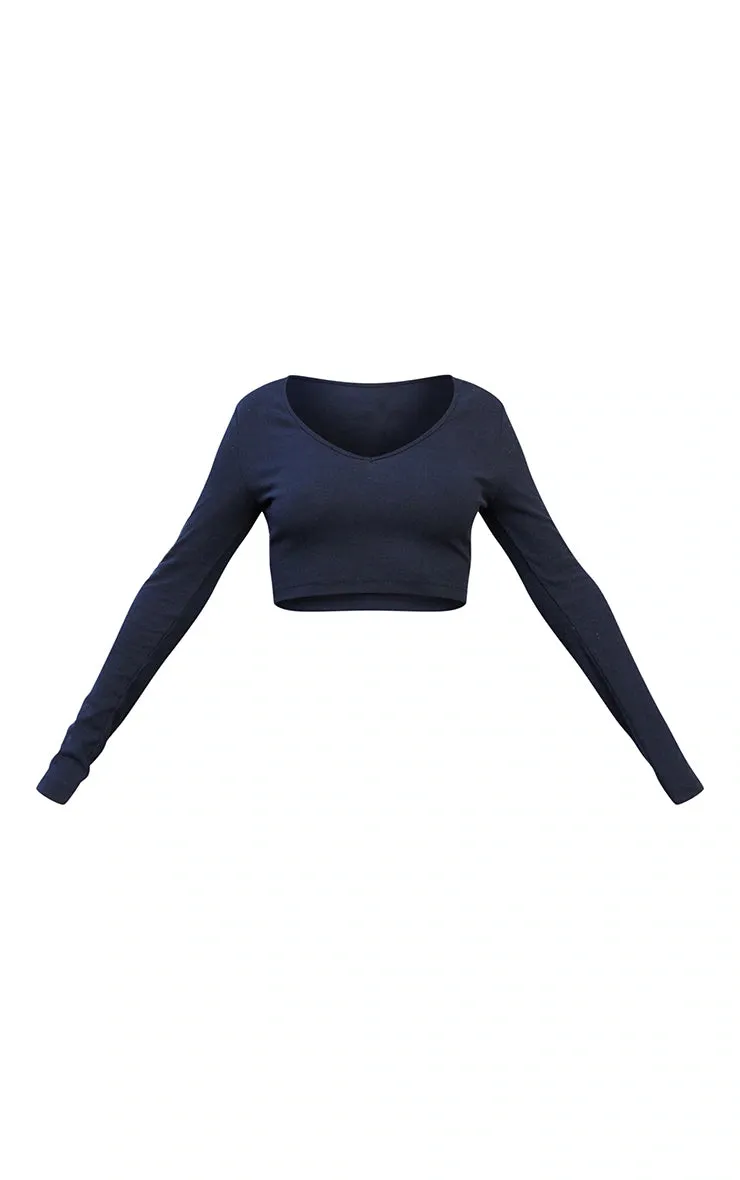 Basic Black Rib V Neck Long Sleeve Crop Top