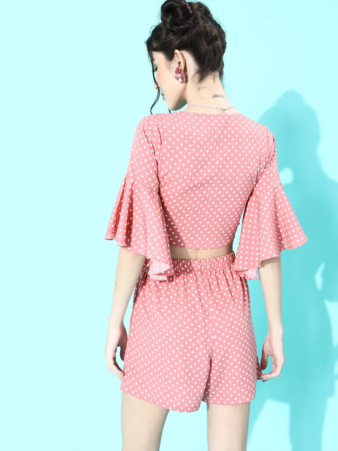 Berrylush Women Pink & White Polka Dot Printed V-Neck Co-Ordinate Dress