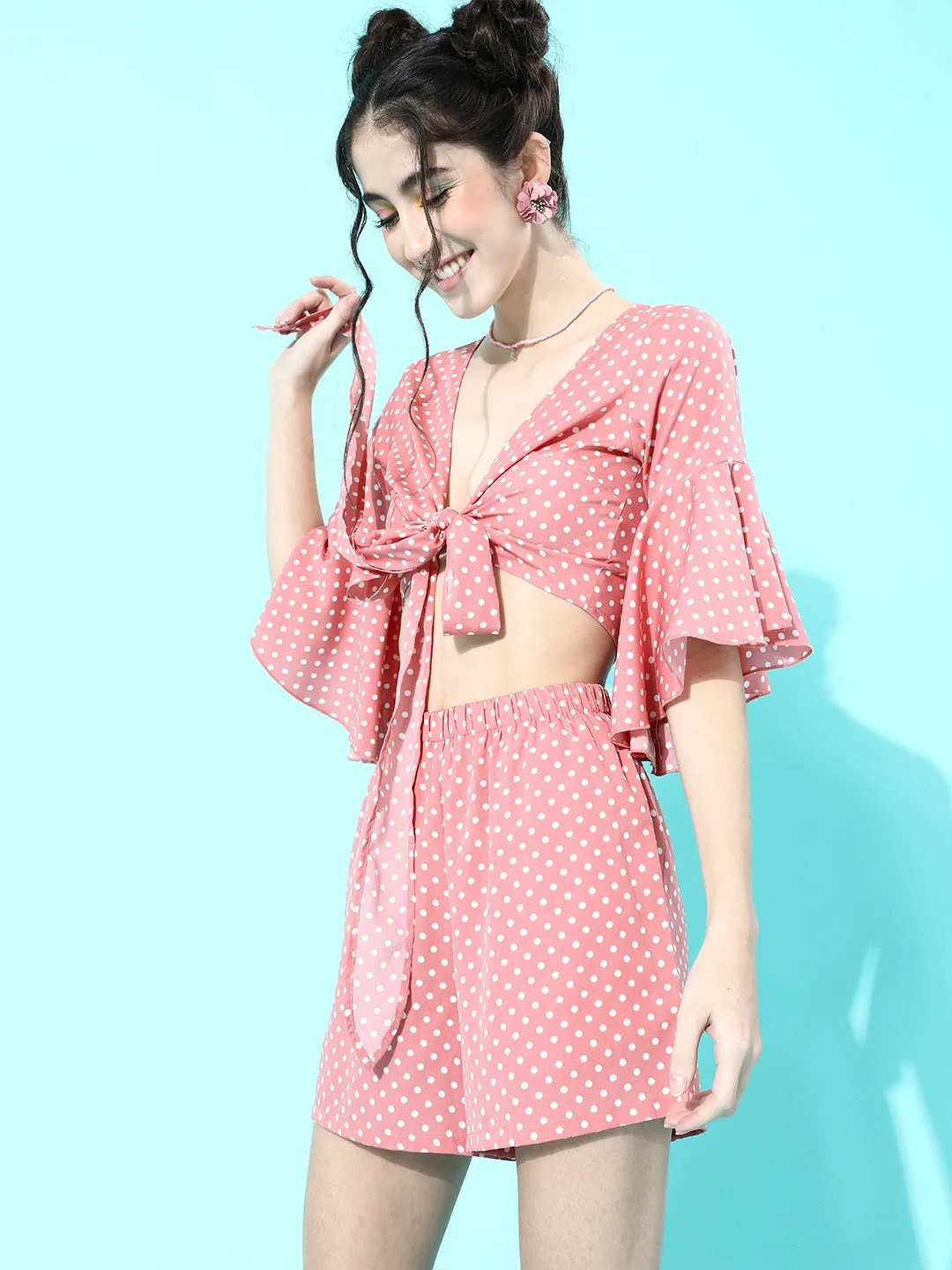 Berrylush Women Pink & White Polka Dot Printed V-Neck Co-Ordinate Dress