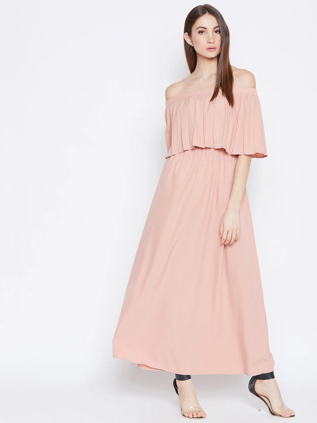 Berrylush Women Solid Pink Off-Shoulder Neck Cold-Shoulder Sleeves Flared Maxi Dress