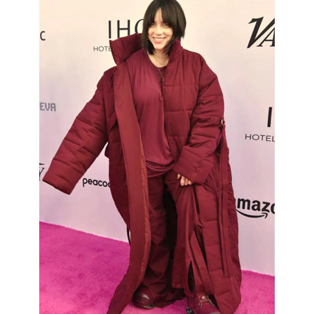 Billie Eilish Puffer Maroon Trench Coat