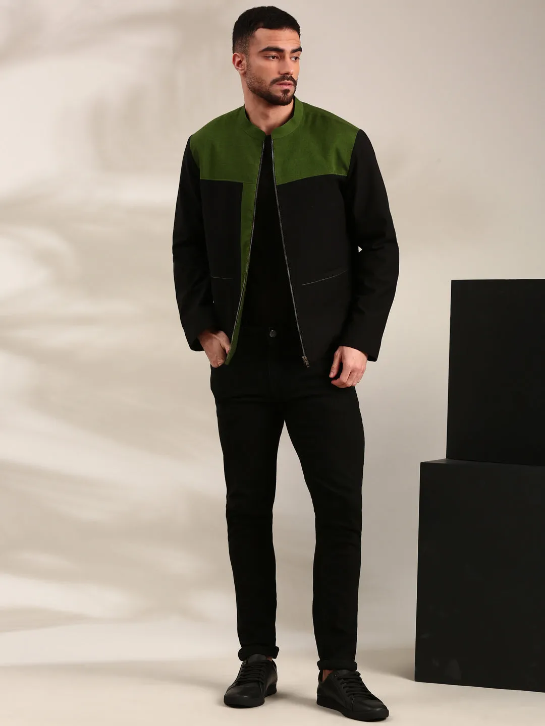 Black & Green Cotton Bomber Jacket - MMBJ029