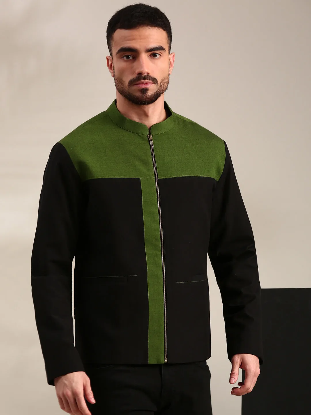 Black & Green Cotton Bomber Jacket - MMBJ029