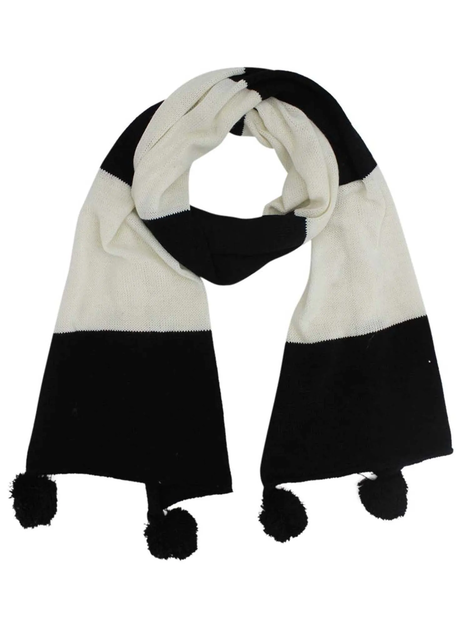 Black & White Bold Color Block Scarf With Pom Poms