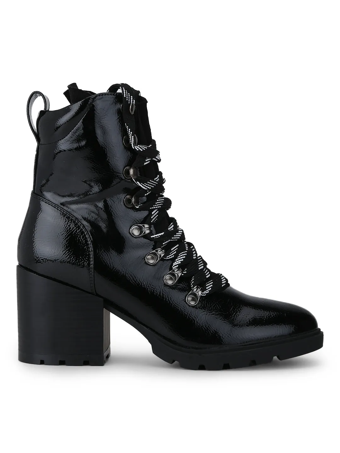 Black Crink Pat Lace-Up Block Heel Biker Ankle Length Boots