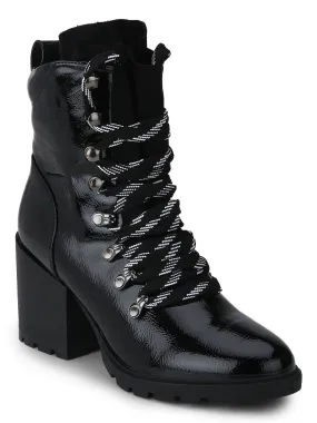 Black Crink Pat Lace-Up Block Heel Biker Ankle Length Boots