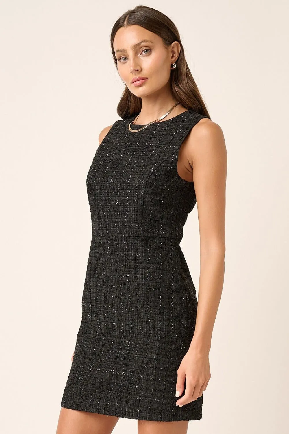 Black Sleeveless Tweed Mini Dress