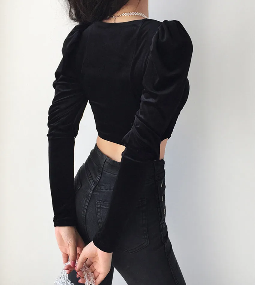 Black velvet long sleeve tops  386