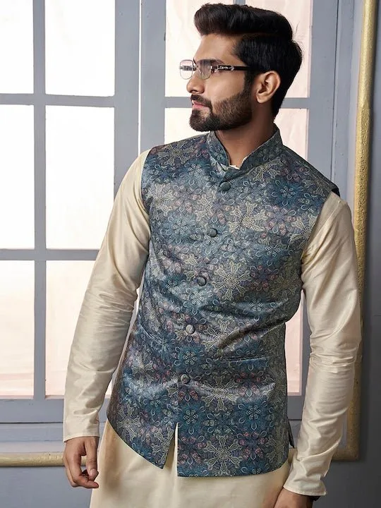 Blue Floral Printed Nehru Jacket