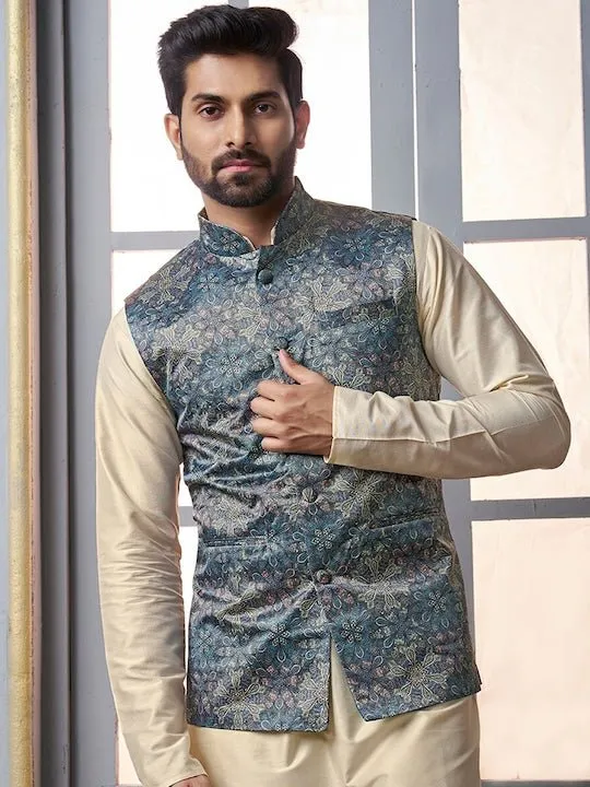 Blue Floral Printed Nehru Jacket